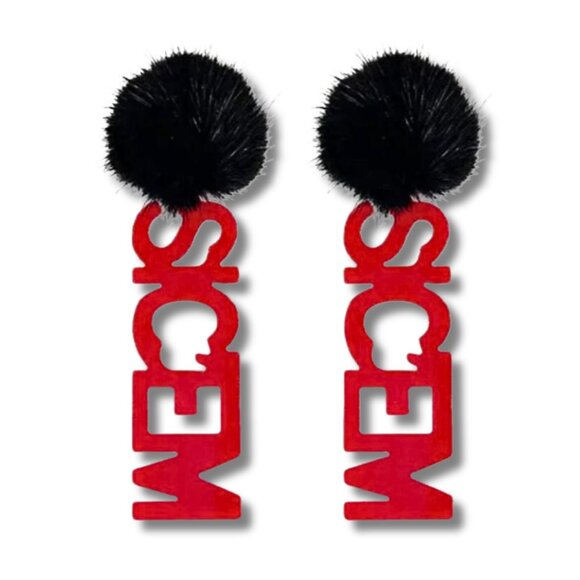 UGA Georgia Football SICEM Acrylic & Fur Pom-Pom Earrings - Picture 2 of 2